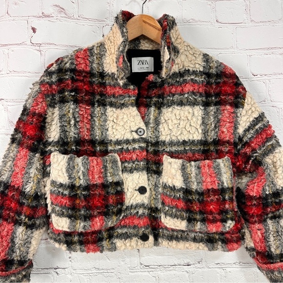 Zara Women's Juniors Red Plaid Jacket shacket cropped size 13-14 Sherpa tan - Picture 1 of 7